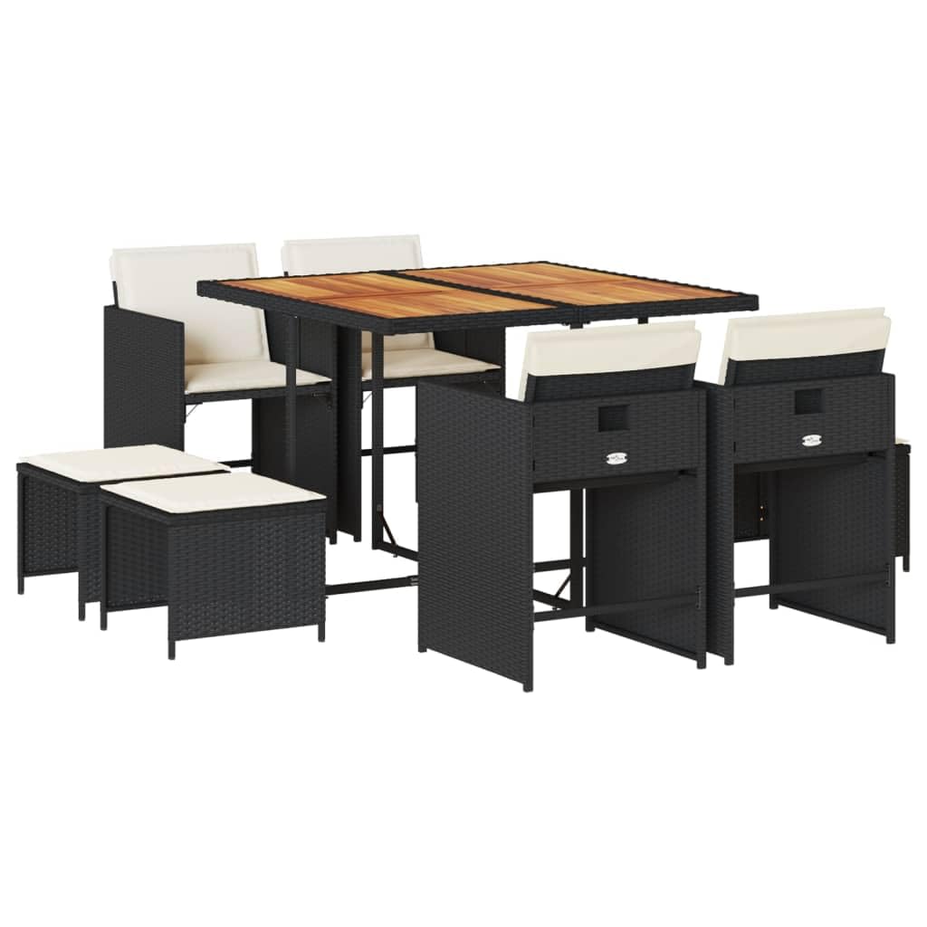 vidaXL Patio Dining Set with Cushions - 9 Piece Black and Cream Poly Rattan Garden Furniture with Acacia Wood Top