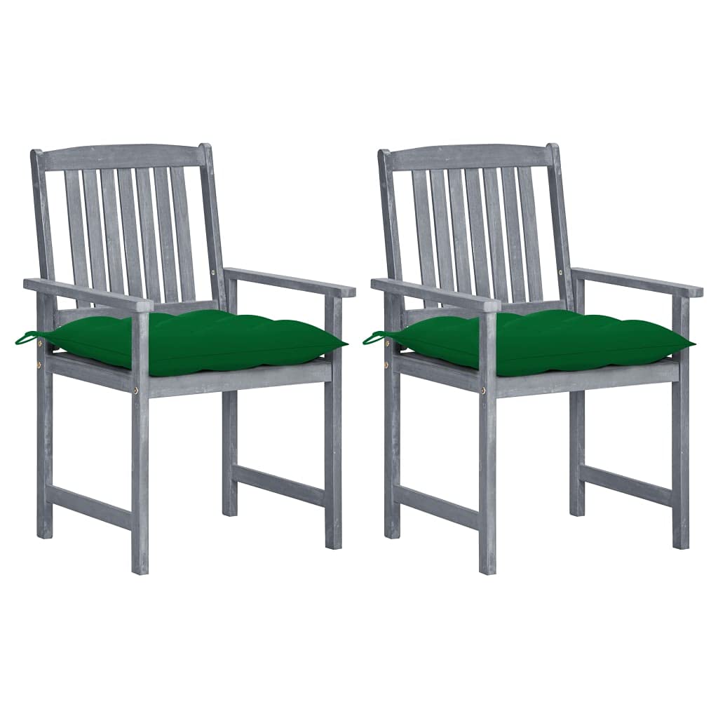 vidaXL Gray Solid Acacia Wood Patio Chairs with Green Cushions - Set of 2, Classic Farmhouse Style, Rustic Garden Furniture, Easy Assembly Required
