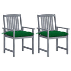 vidaXL Gray Solid Acacia Wood Patio Chairs with Green Cushions - Set of 2, Classic Farmhouse Style, Rustic Garden Furniture, Easy Assembly Required