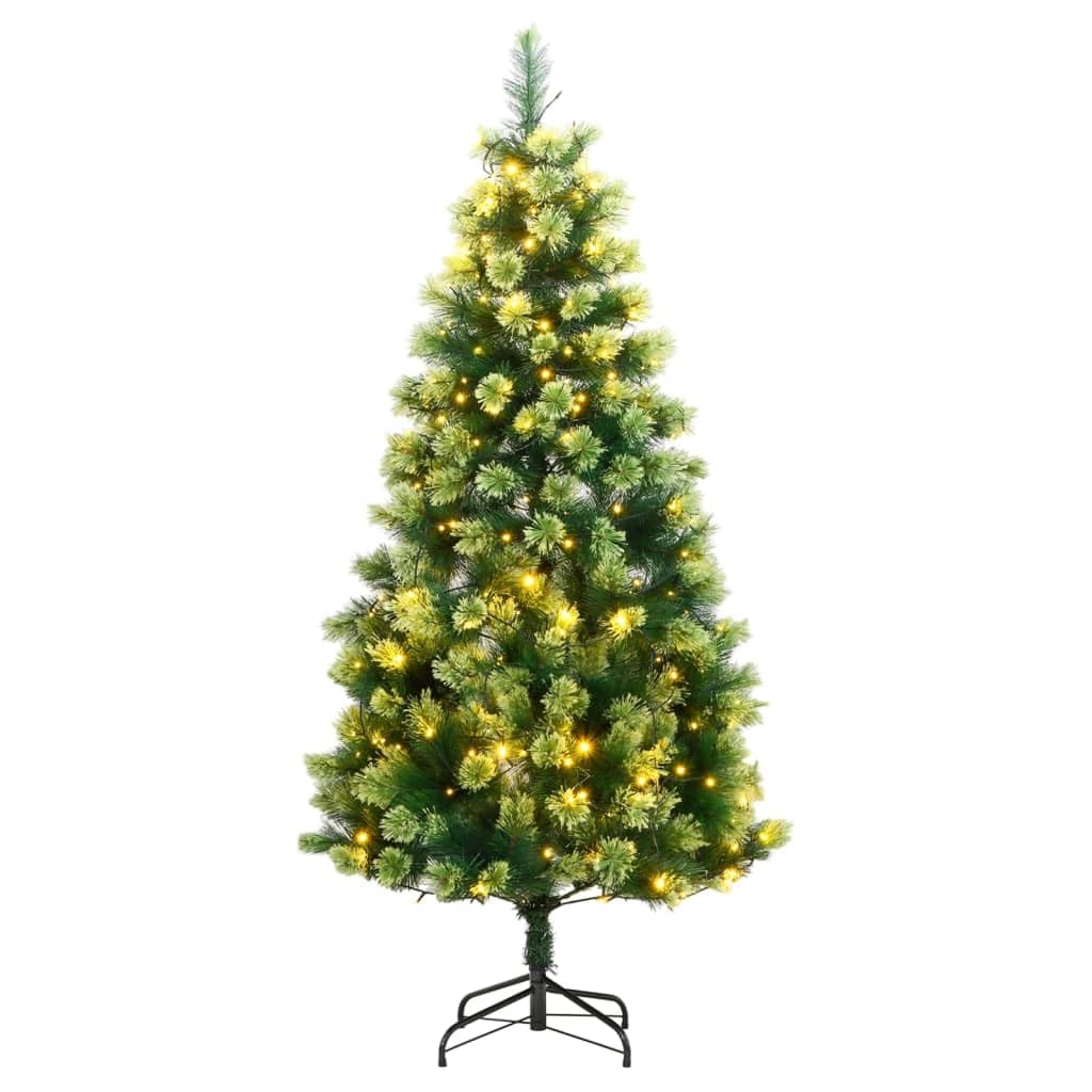 vidaXL Artificial Hinged Christmas Tree 59.1&quot;&quot; with 150 Warm White LEDs and Metal Stand - 8 Lighting Modes for Indoor/Outdoor Holiday Decor, Green, 3210258