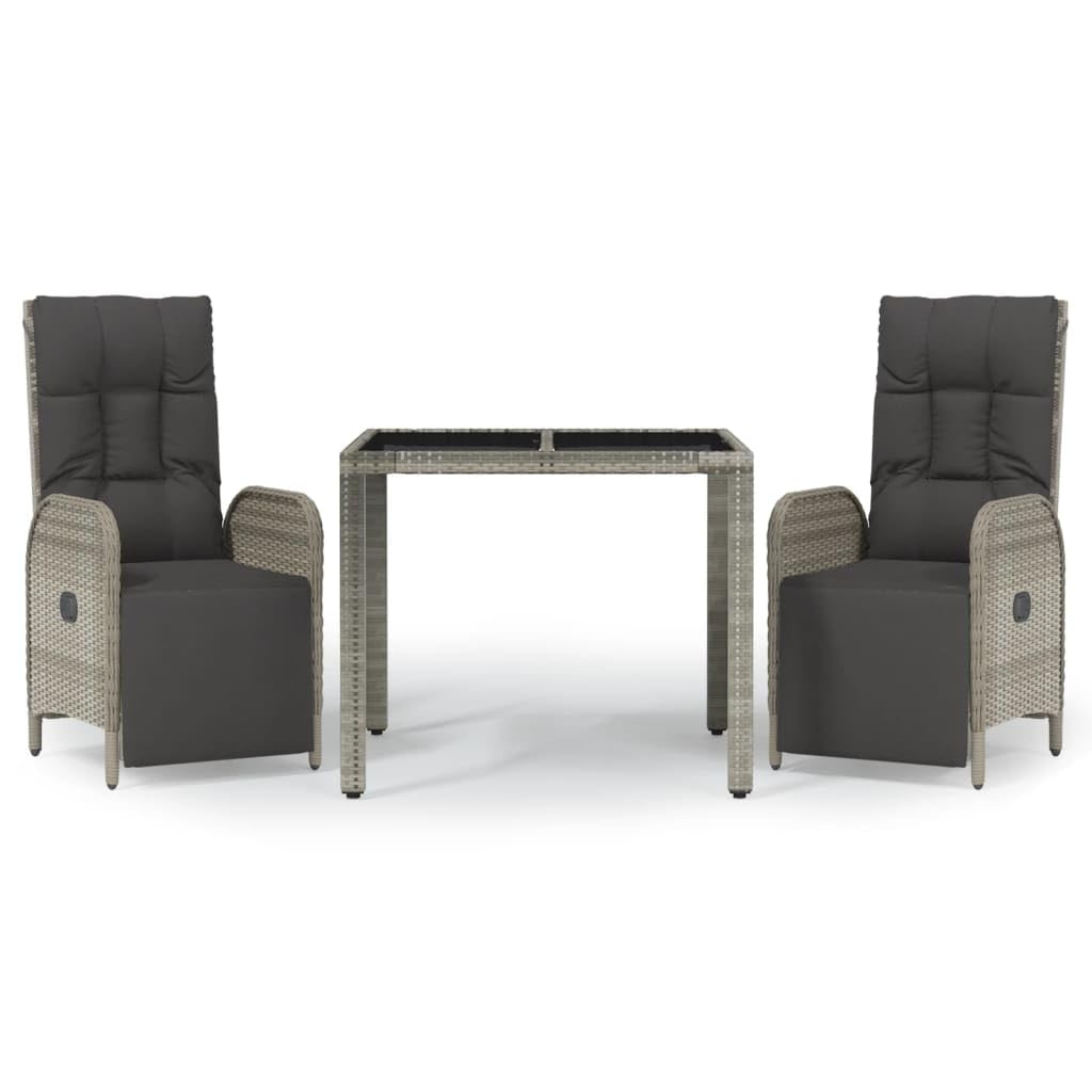 vidaXL Patio Dining Set 3 Piece, Wicker Dining Table and Chair with Cushions, Adjustable Reclining Chair for Lawn Backyard Garde