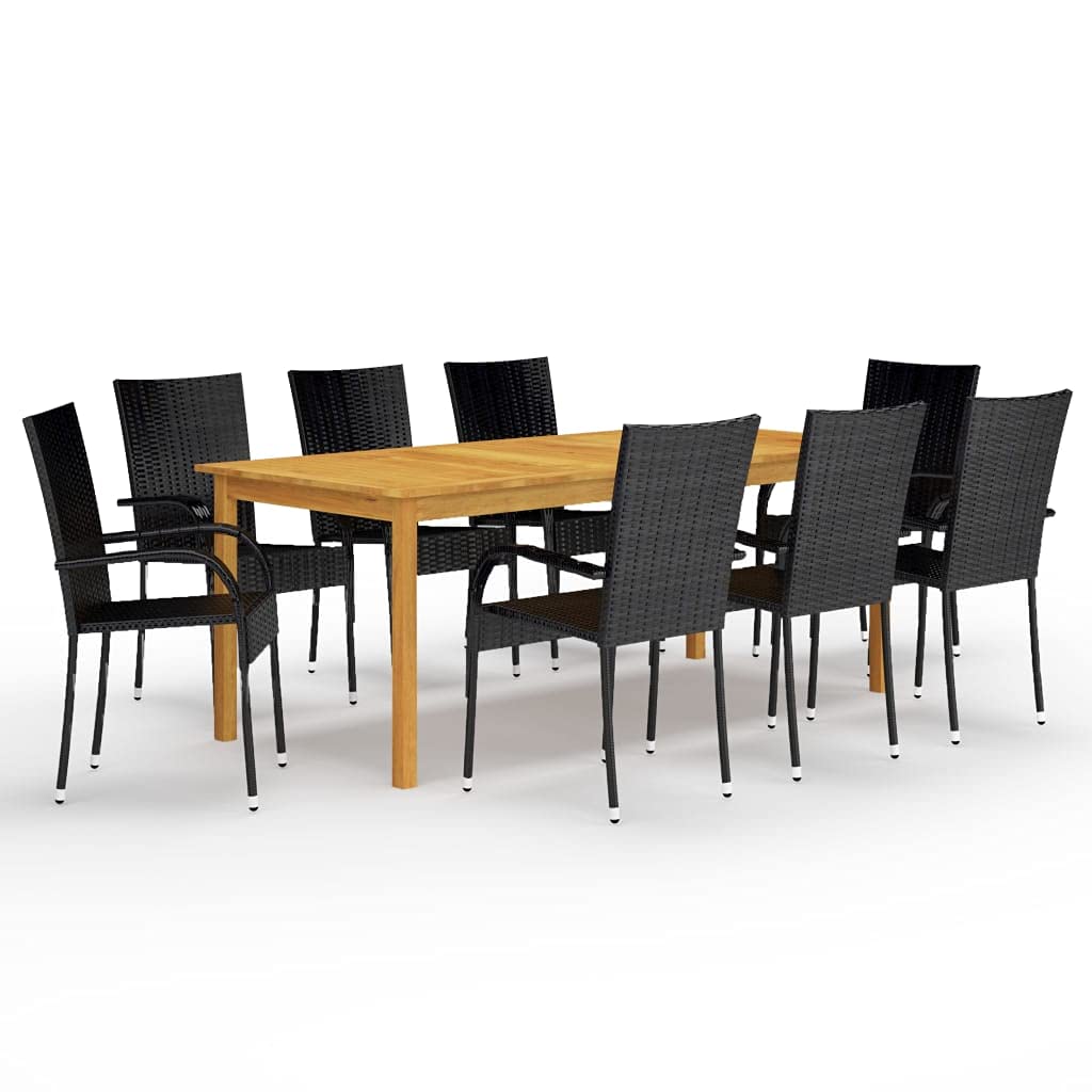 vidaXL 9-Piece Patio Dining Set in Black - Solid Acacia Wood Table, PE Rattan Chairs, Stackable and Weather-Resistant, Perfect for Outdoor Use