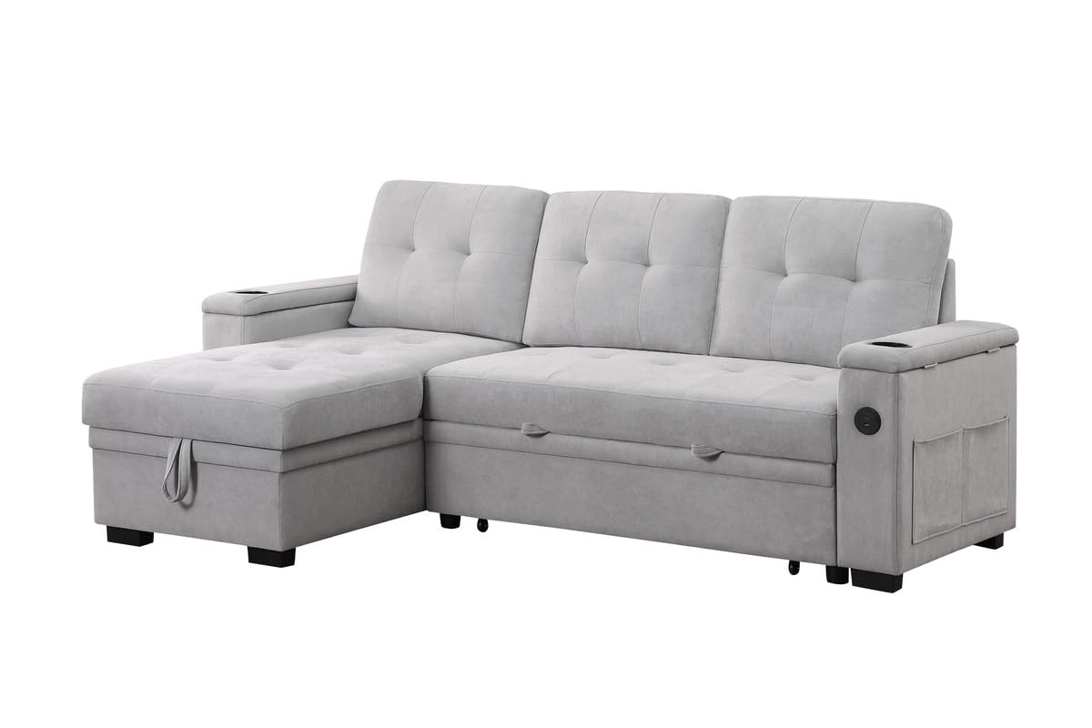 Lilola Home Ashlyn II 84&quot; W Gray Woven Fabric Reversible Sleeper Sectional Sofa with Storage Chaise, Storage Arm, Cup Holder, Charging Ports, Side Pockets, and Pocket Coil Seating