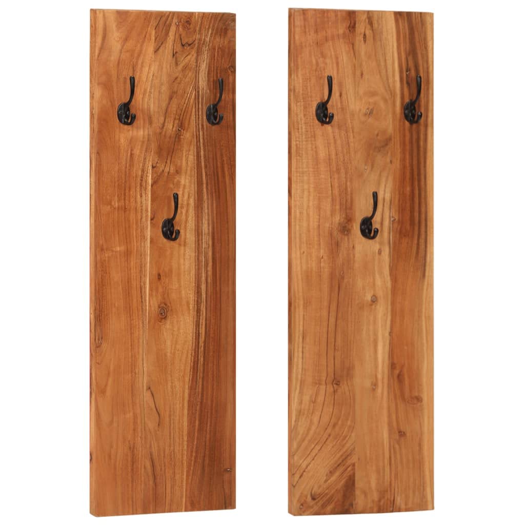 vidaXL Wall-Mounted Coat Racks 2 pcs in Brown, 14.2&quot;x1.2&quot;x43.3&quot;, Made of Solid Acacia Wood, Vintage-Style Design, Durable, Space-Saving, 3 Coat Hooks per Rack