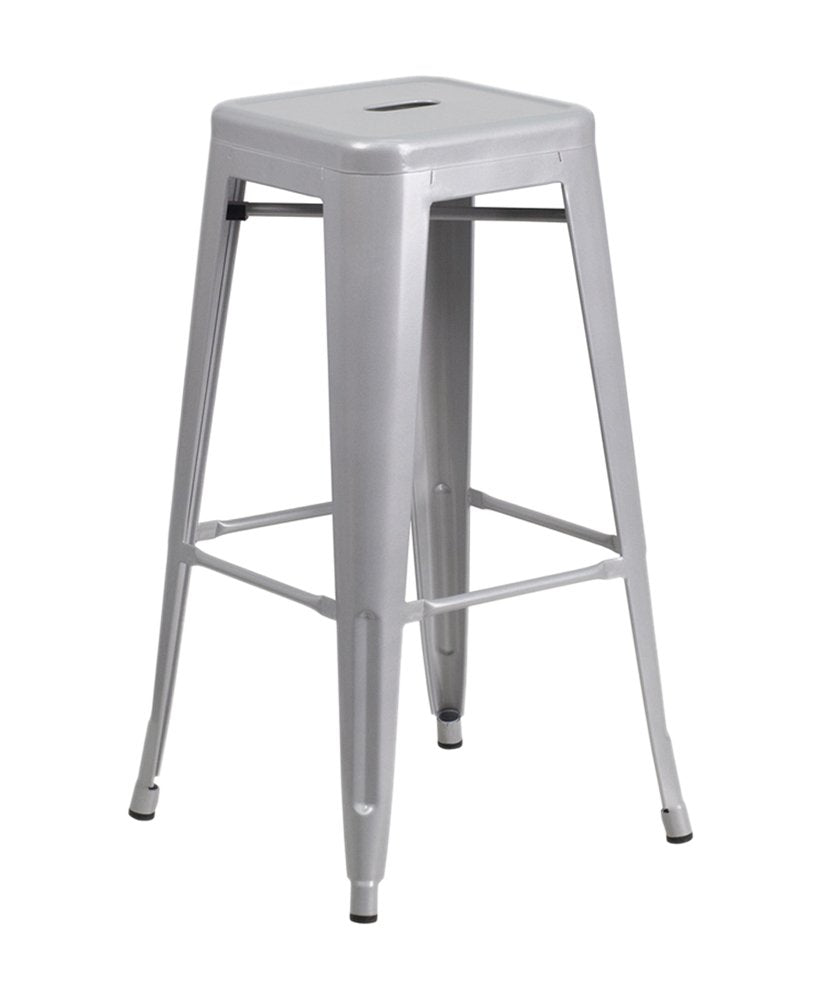 Flash Furniture Stone Commercial Grade 23.75" Square Silver Metal Indoor-Outdoor Bar Table Set with 2 Square Seat Backless Stools