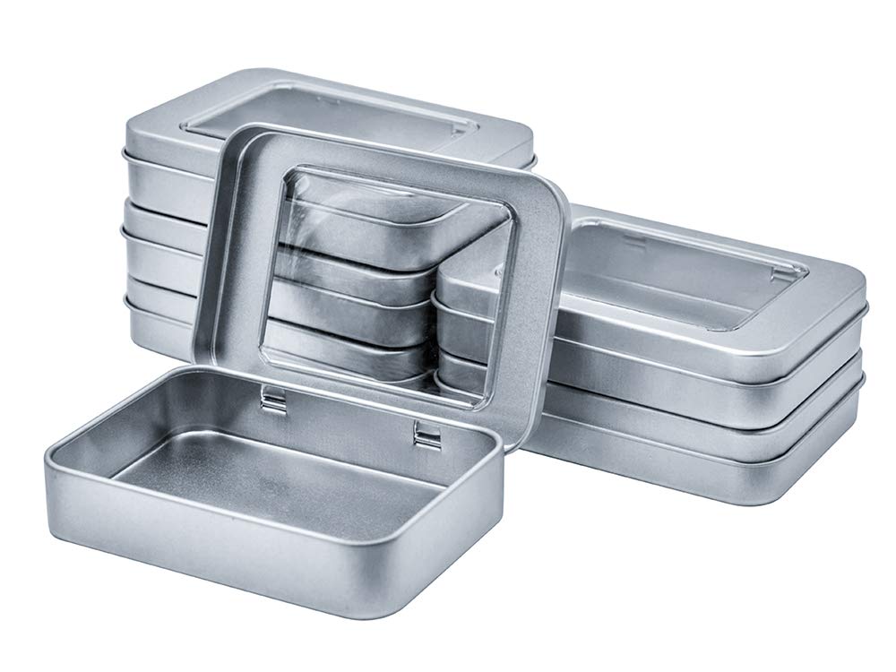 WESTKAIBA 6 Pieces tin can Mini Box with Metal Storage case lid Silver Transparent Rectangular Container Accessory Storage Misce