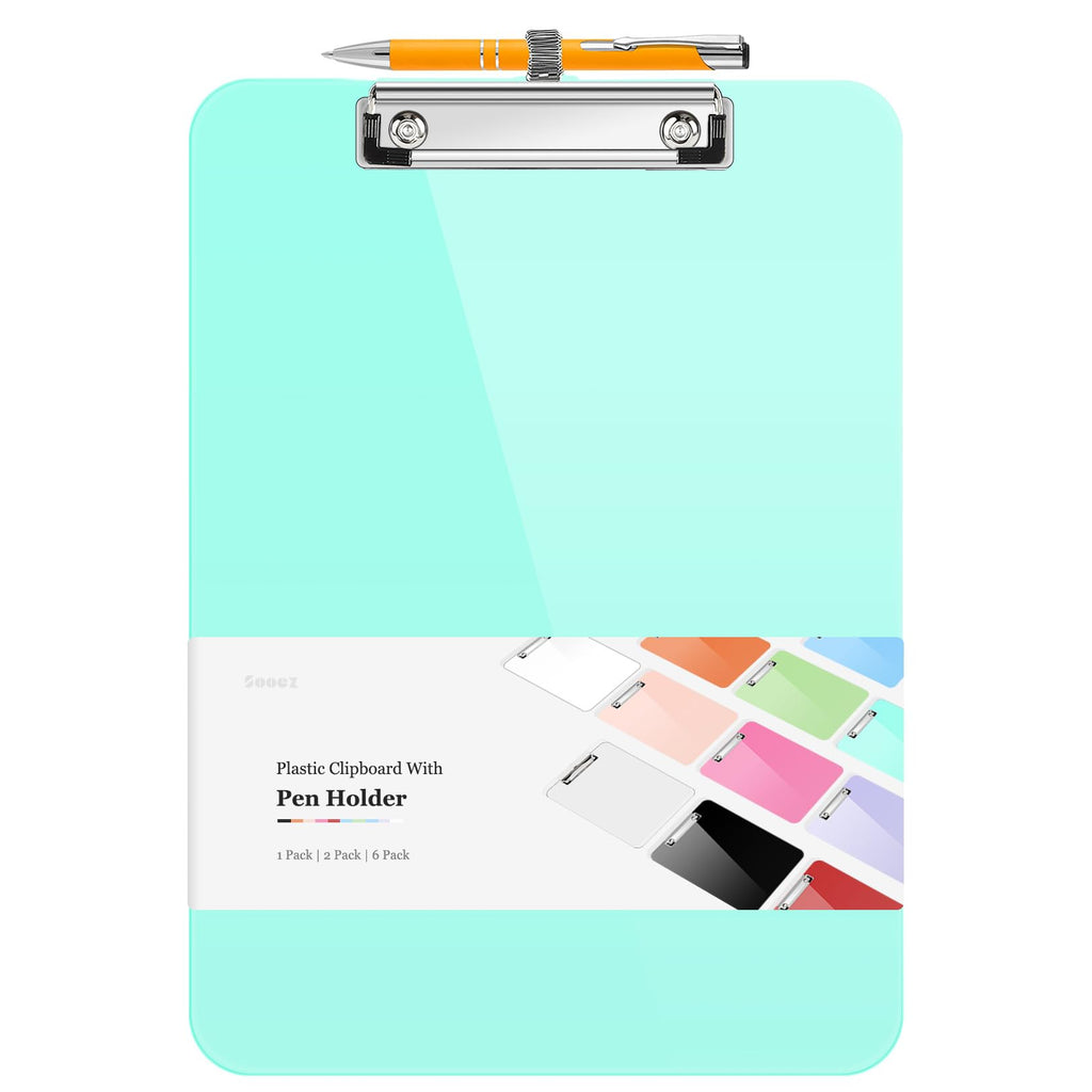 Sooez Plastic Clipboard With Pen Holder, [10% Thicker] Clip Boards 8.5X11 With Low Profile Clip, Cute Hanging Clipboard, Standar