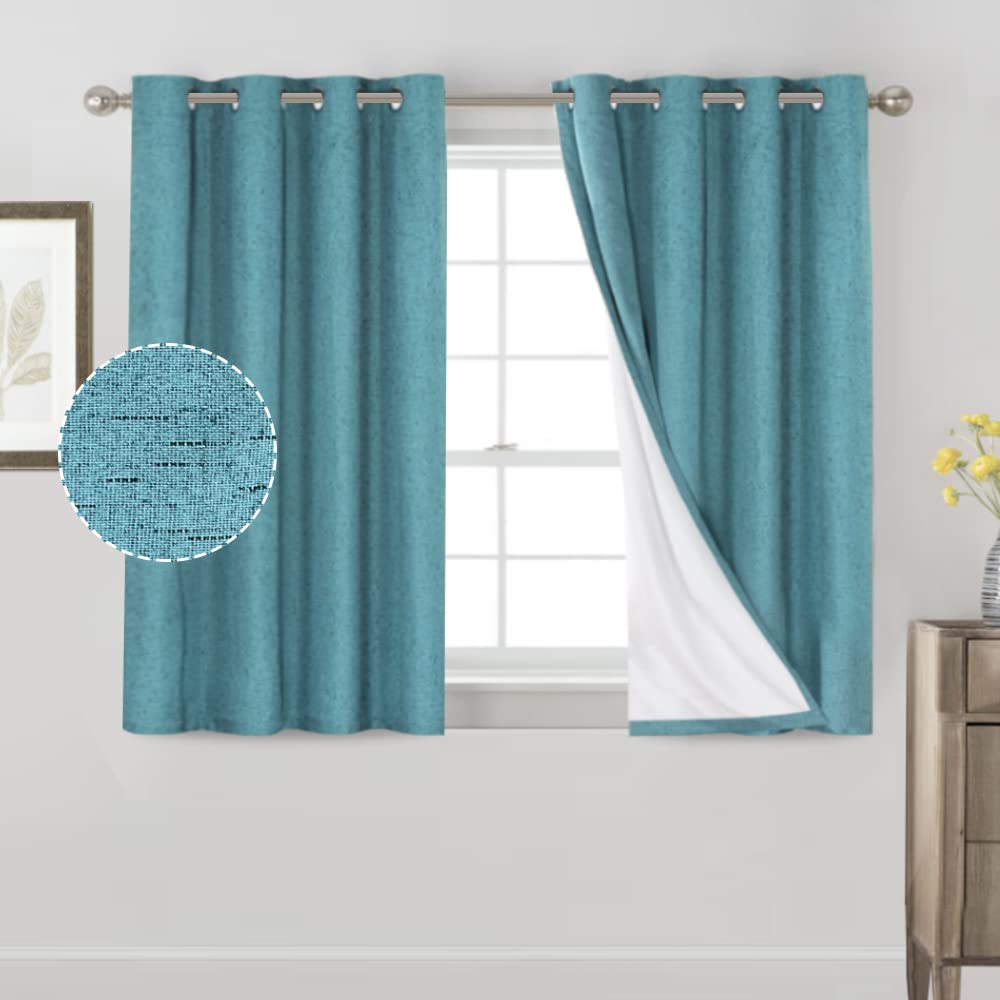 Princedeco Primitive Textured Linen 100% Blackout Curtains For Bedroom/Living Room Energy Saving Window Treatment Curtain Drapes, Burlap Fabric With White Thermal Insulated Liner (52X54In, Teal Blue)