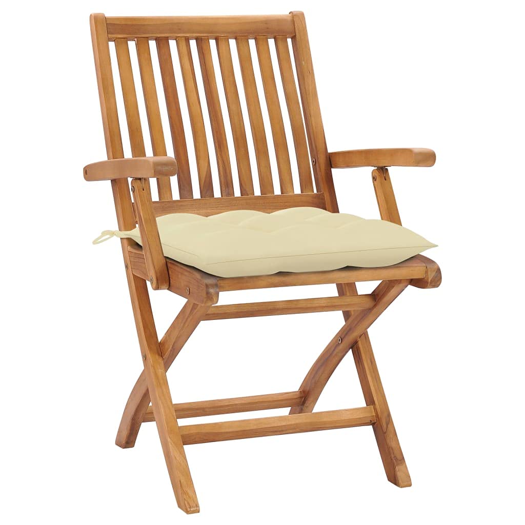 vidaXL 2X Solid Teak Wood Patio Chairs - Cream White Cushions - Foldable Garden Seat - Waterproof - Outdoor Furniture - Deck - 22" x 22.8" x 34.6"