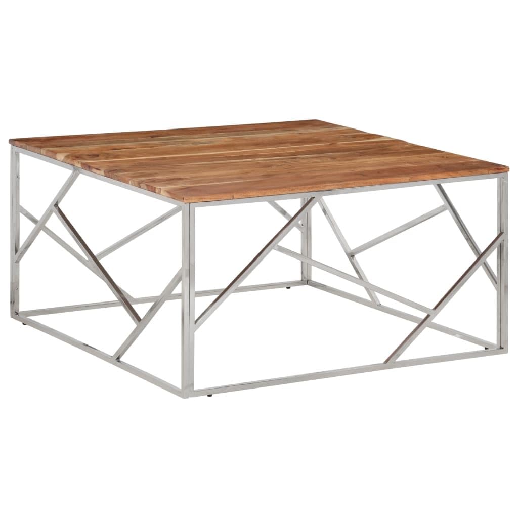 vidaXL Acacia Wood & Stainless Steel Coffee Table - Silver Frame, 39.4x39.4x19.7, Square, Modern Living Room Centerpiece, Solid Wood Top, Easy Clean