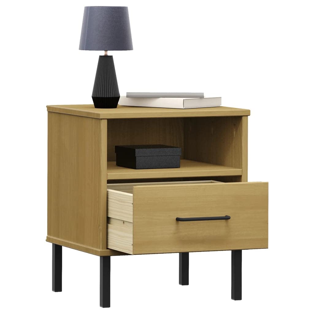 vidaXL Brown Bedside Cabinet in Solid Pine Wood with Metal Legs - Industrial Style Drawer and Compartment Bedroom Furniture - Oslo Range