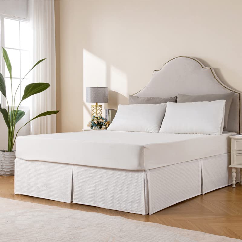 Miye Pleated Waffle Weave Bed Skirt, Tailored Dust Ruffle 22 Inch Drop Easy Fit, Machine Washable (White, Twin - 22'' Drop)