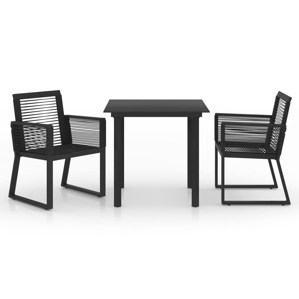 vidaXL Black 3 Piece Patio Dining Set - Weather Resistant PVC Rattan Furniture with Powder-Coated Steel Frame, Glass Top Table, and Two Armchairs