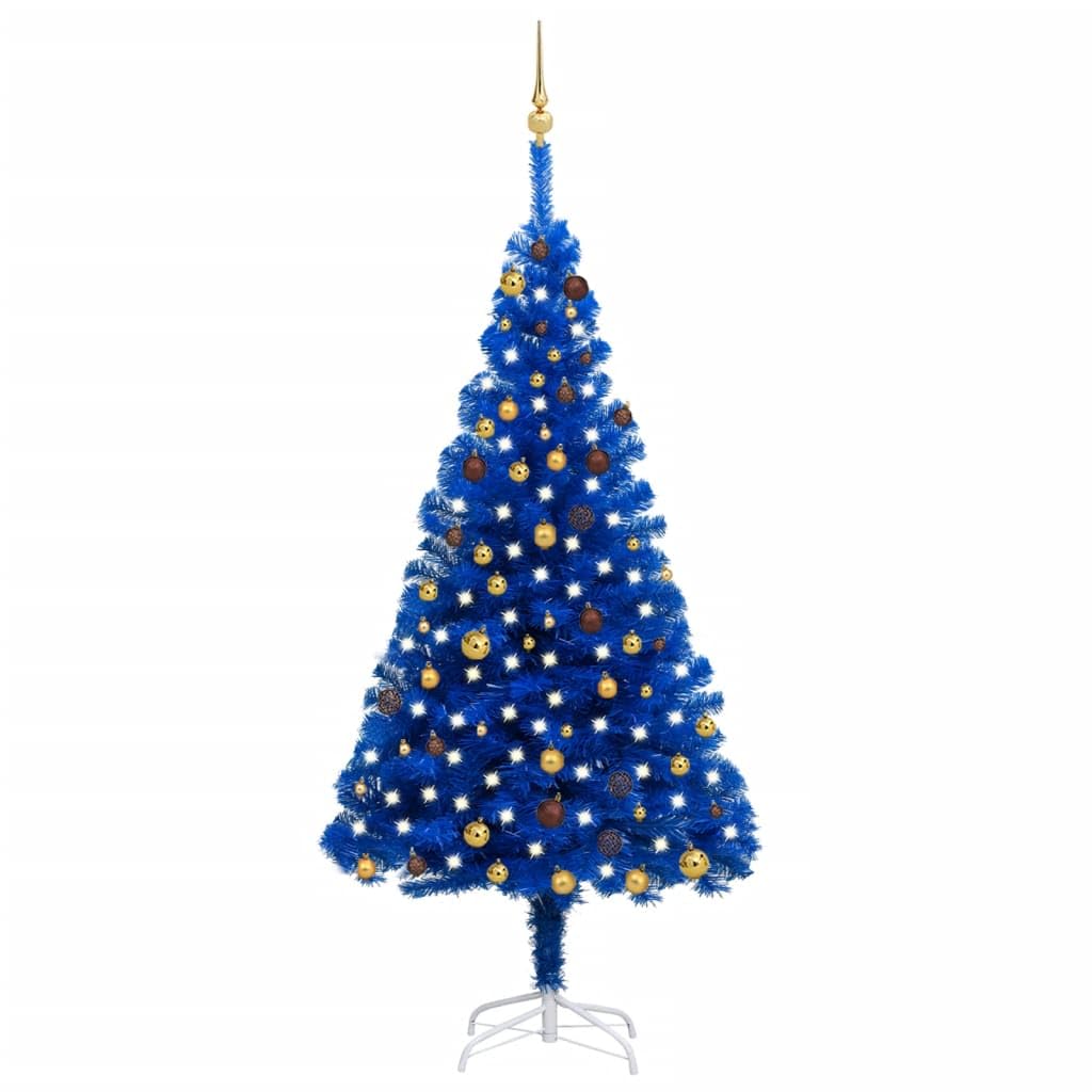 Vidaxl Artificial Blue And Gold Christmas Tree With Leds And Ball Set, Self-Assembly, Energy-Efficient, Pvc Material, Metallic Decorations, Indoor Holiday Decor