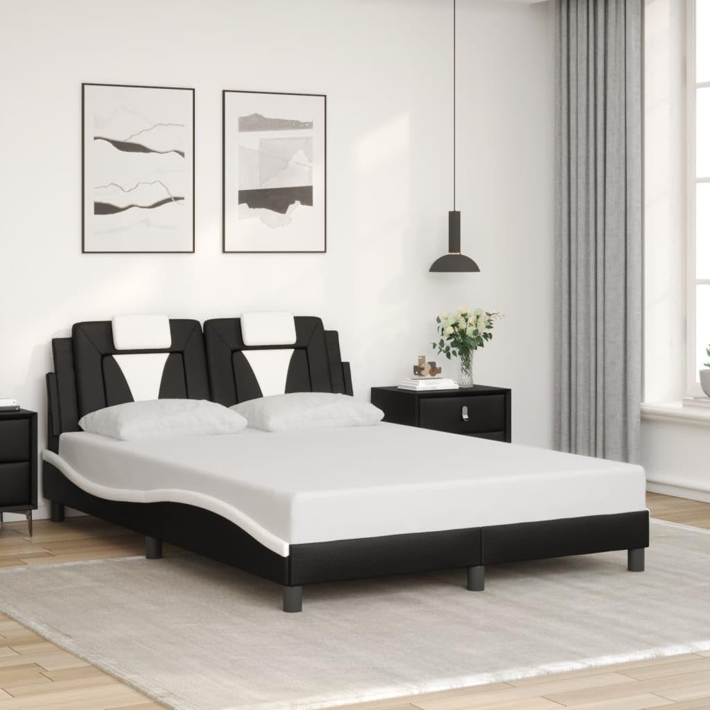 vidaXL Full Faux Leather Bed Frame with LED Lights - Black/White, Modern Waved Design, Supportive Plywood Slats and Headboard Cushion