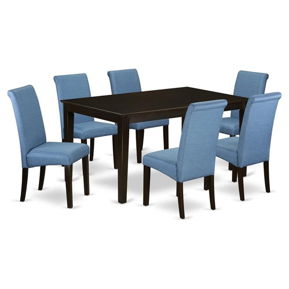 East West Furniture Caba7-Cap-21 7 Piece Dining Room Furniture Set Consist Of A Rectangle Dining Table And 6 Blue Color Linen Fabric Upholstered Parson Chairs, 36X60 Inch, Cappuccino