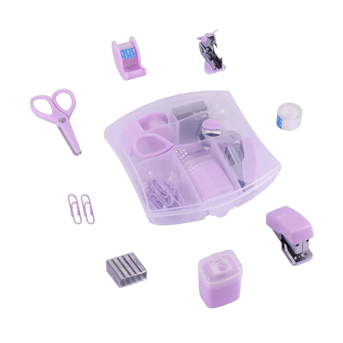 Yizocenguo Mini Office Supply Kits - Includes Mini Stapler,Scissors, Staple Remover, Staples, Tape Dispenser (Purple)