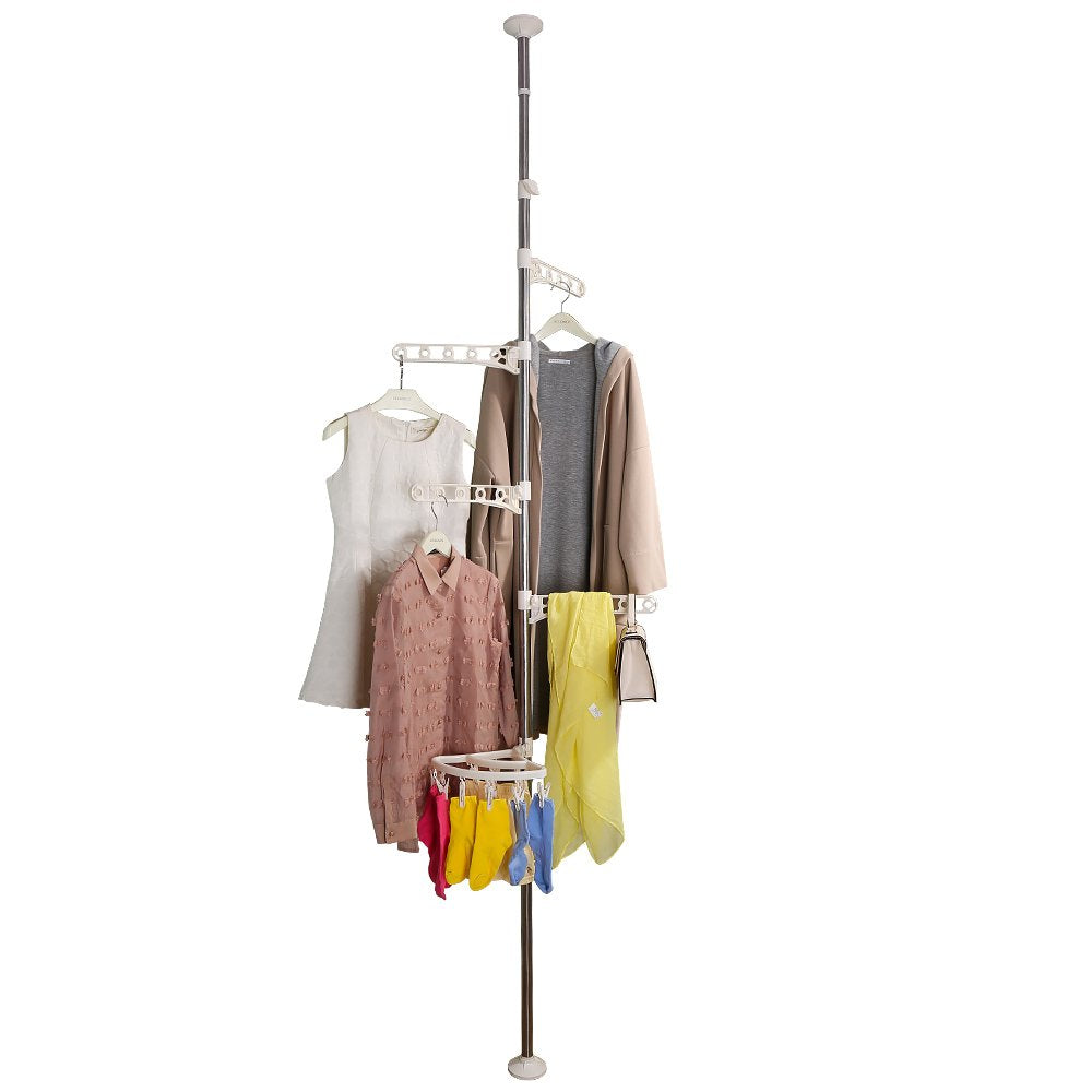 BAOYOUNI 4-Tier Standing Clothes Laundry Drying Rack Grament Coat Hanger Organizer Floor to Ceiling Adjustable Metal Corner Tens