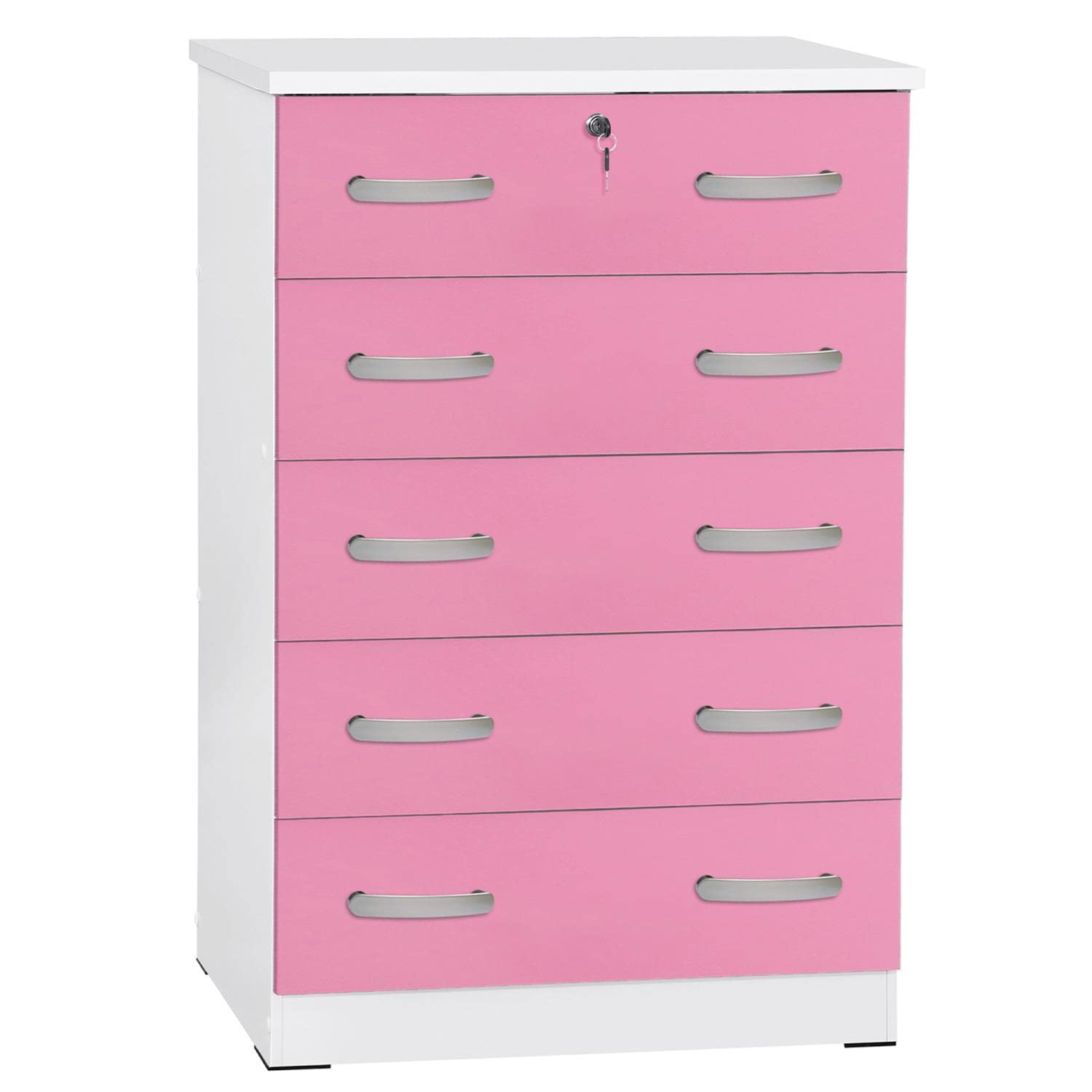 Better Home Products Cindy 5 Drawer Chest Wooden Dresser With Lock In Pink
