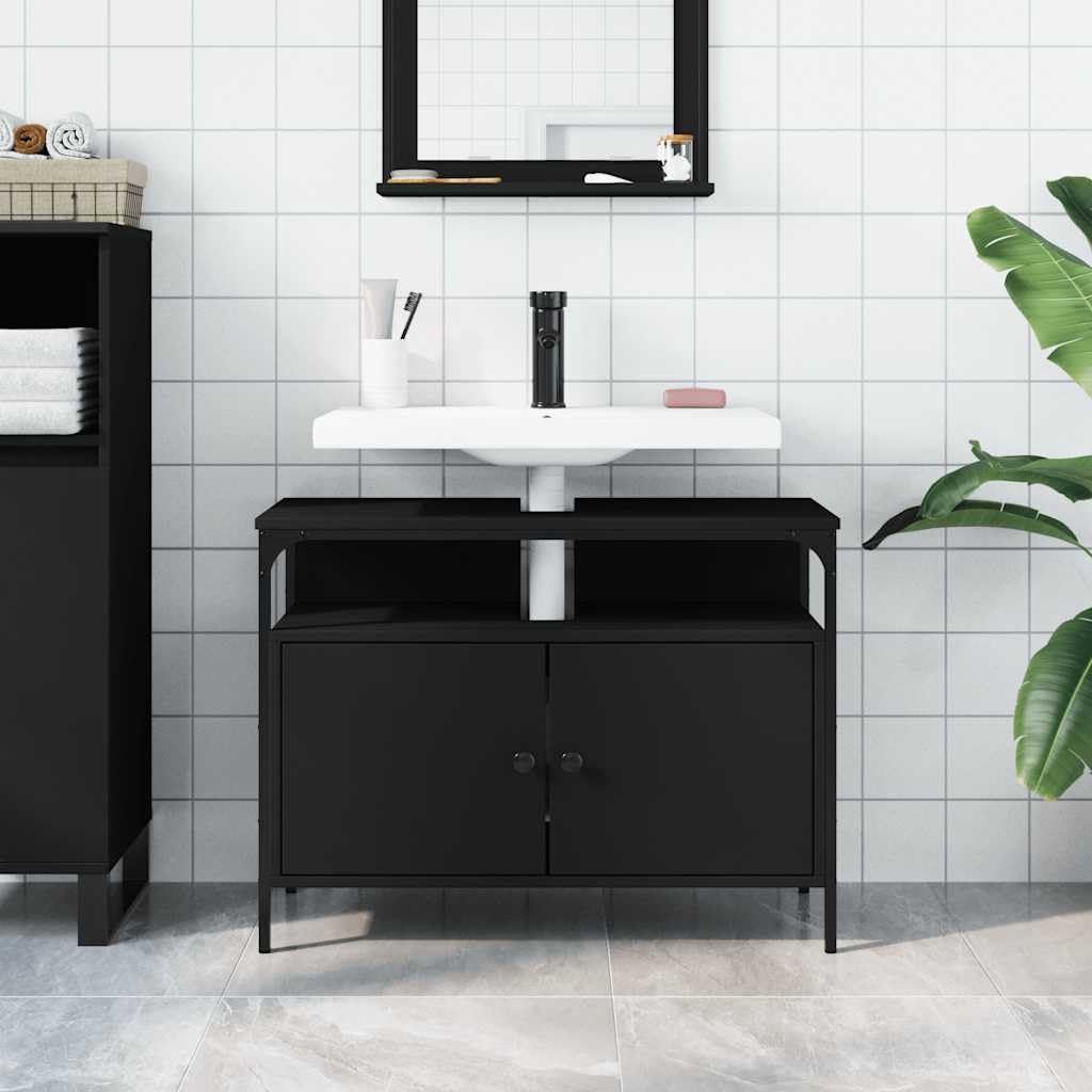vidaXL Black Engineered Wood Bathroom Sink Cabinet with Powder-Coated Steel Frame - 23.6&quot;x11.8&quot;x23.6&quot;, Modern Storage Cupboard for Toiletries