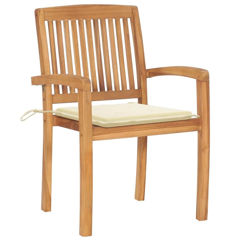 vidaXL Stacking Patio Chairs Set of 8 with Cushions-Made of Solid Teak Wood with Elegant Slatted Design Ideal for Garden, Patio and Dining Room-Comes with Cream Colored Cushions