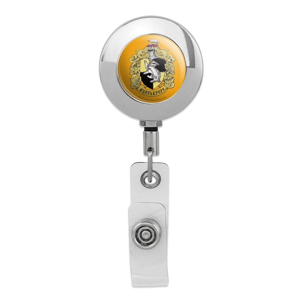 Harry Potter Hufflepuff Painted Crest Retractable Reel Premium Metal Chrome Badge Id Card Holder Clip