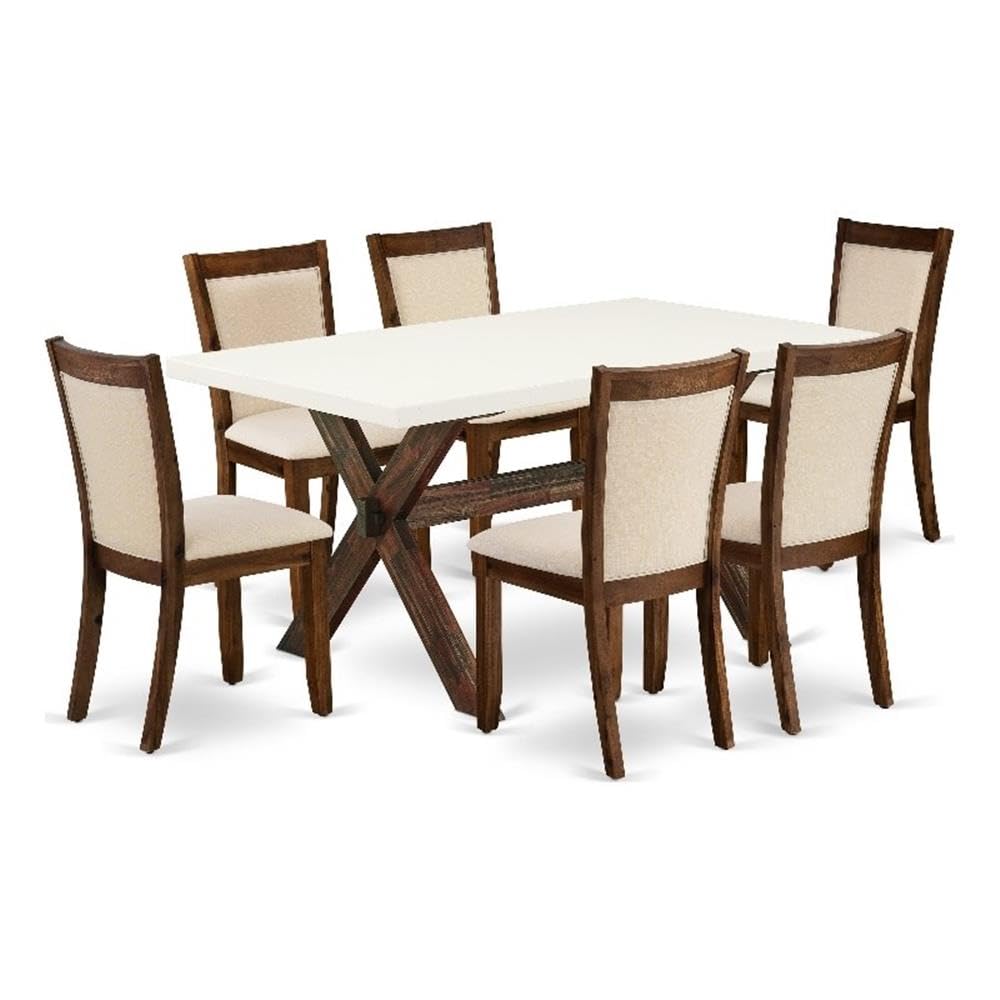 East West Furniture X726Mzn32-7 7 Piece Dining Room Table Set Consist Of A Rectangle Dining Table With X-Legs And 6 Light Beige Linen Fabric Upholstered Chairs, 36X60 Inch, Multi-Color