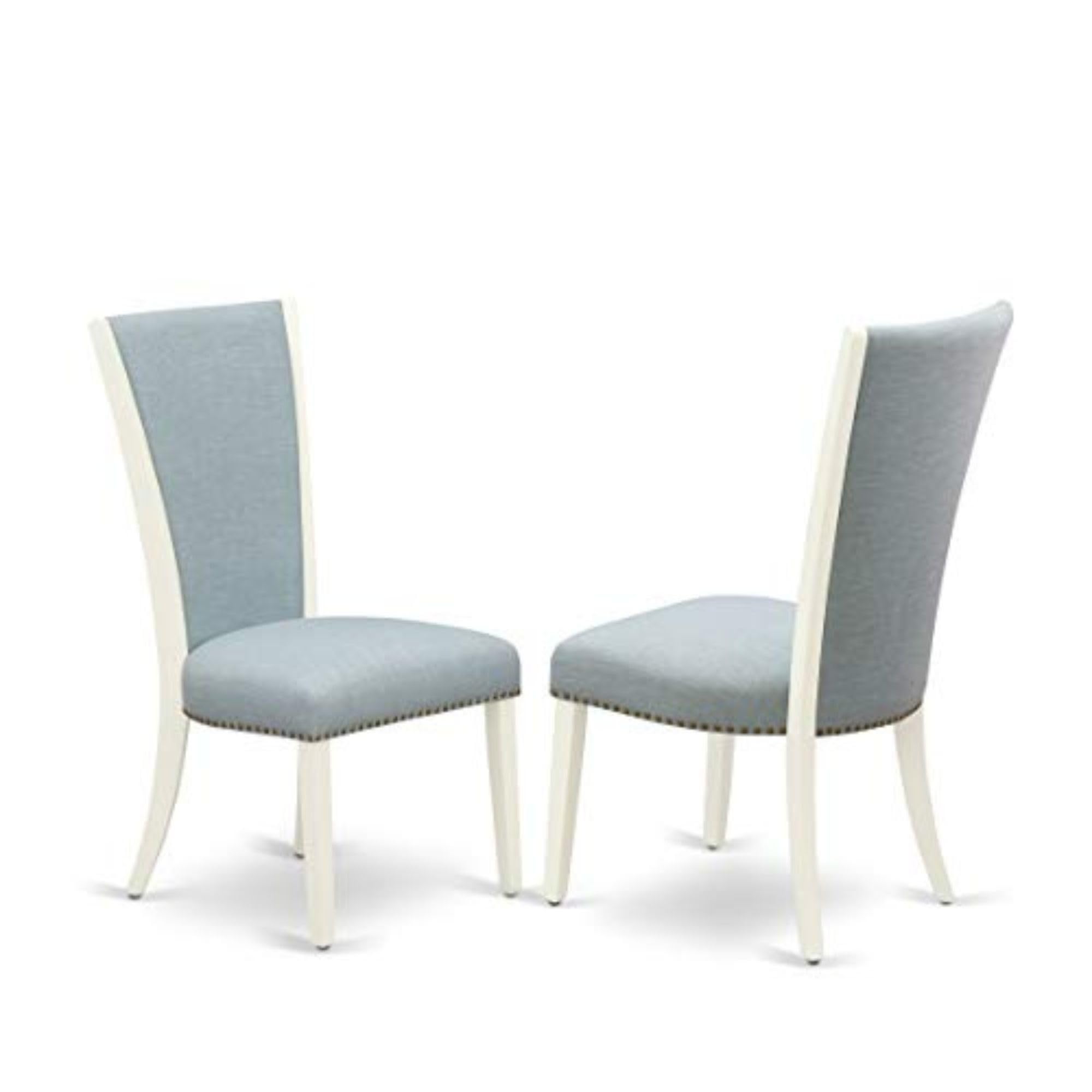 East West Furniture Vep2T15 Verona Parson Dining Chairs - Nailhead Trim Baby Blue Linen Fabric Padded Chairs, Set Of 2, Linen White
