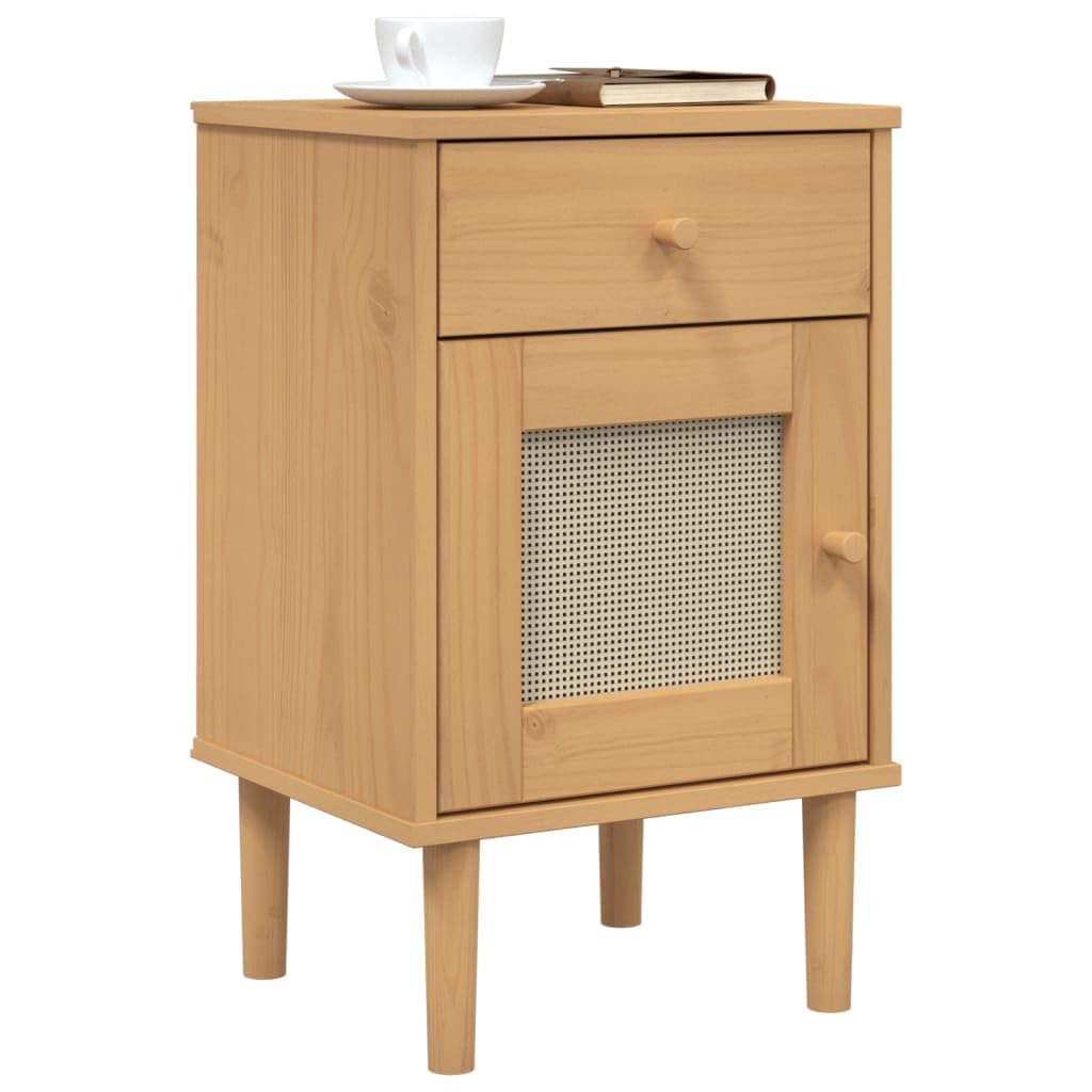 vidaXL SENJA Bedside Cabinet with Rattan Look Surface, Solid Pine Wood and UV Varnish Finish in Brown, Featuring Drawer and Door Compartment for Storage