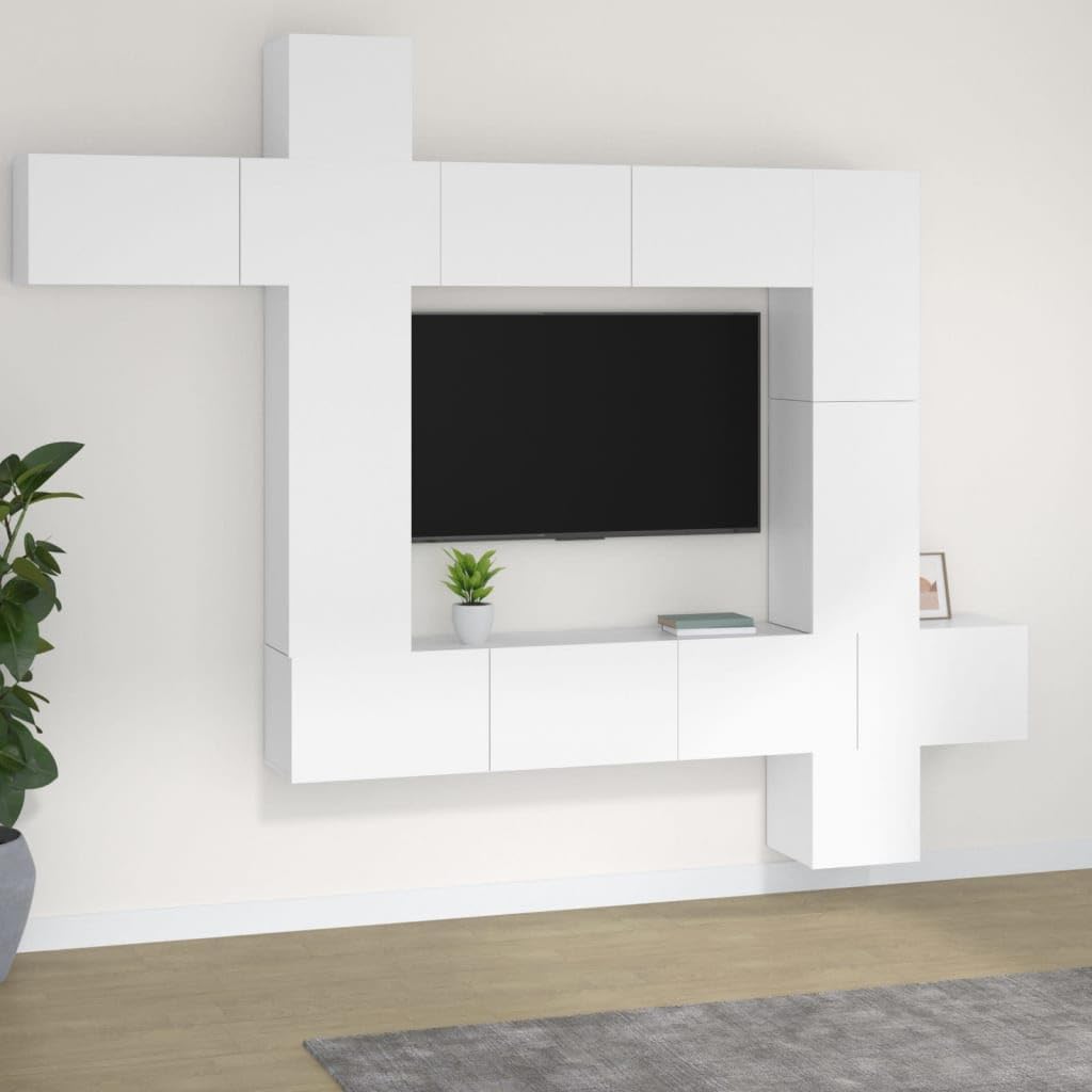 vidaXL TV Cabinet Set 9 Piece Living Room Entertainment Center Wall Mounted Floating Media Unit Furniture Set White Engineered Wood