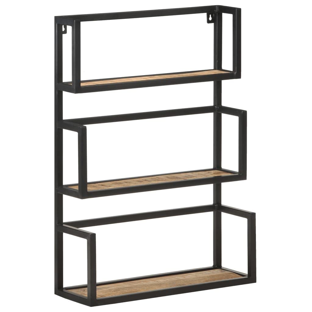 vidaXL Wall Mounted Shelf - Spacious Three-Tier Design, Sturdy Iron Frame & Rough Mango Wood Craftsmanship - Black, Industrial Style, Ideal for Organising and Displaying