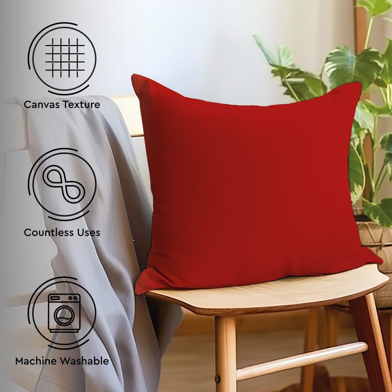 Cotton Canvas Throw Pillow Covers By Encasa Pack Of 2 Red 26'X26' No Insert With Hidden Zipper | Decorative Cushion Covers For