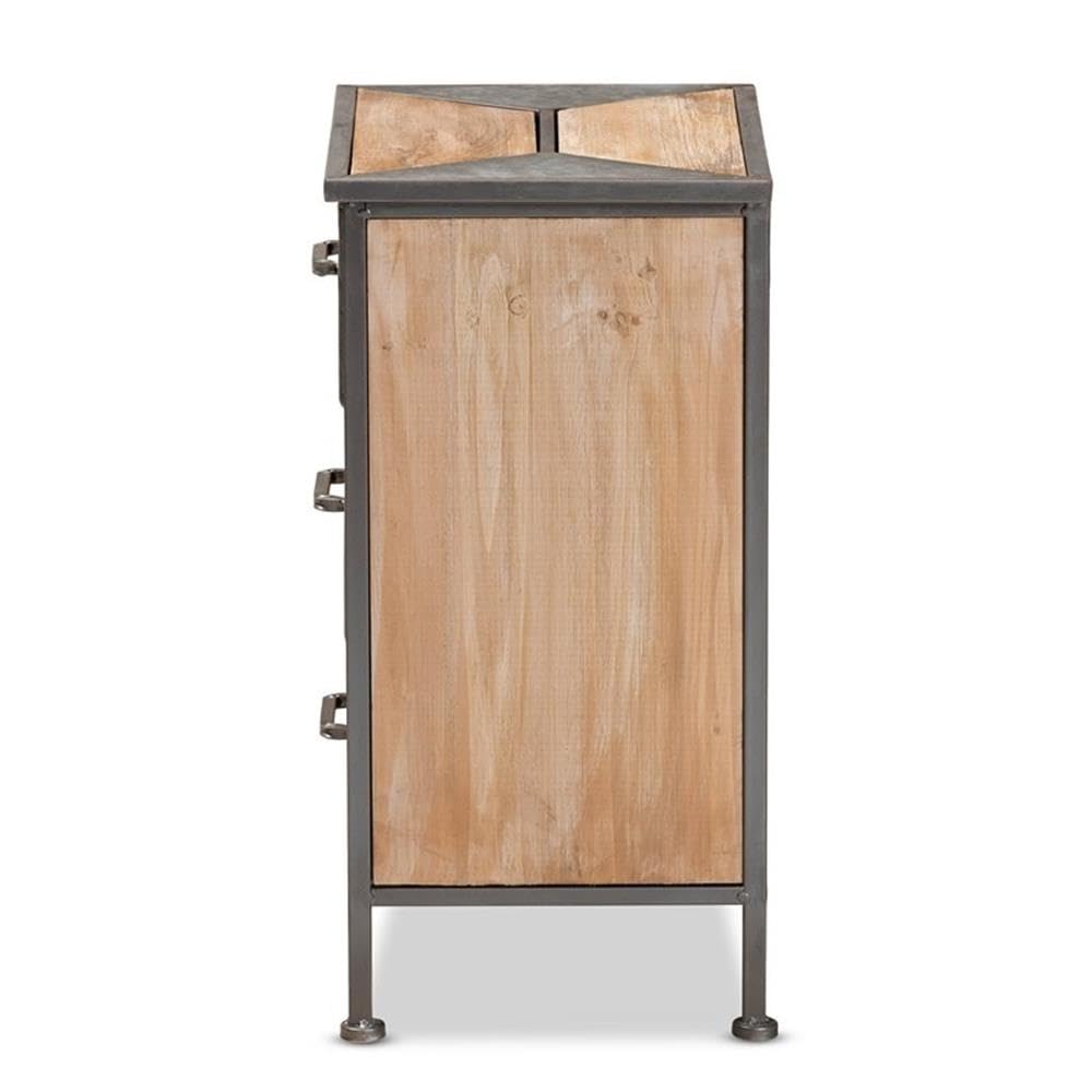 Baxton Studio Laurel Rustic Industrial Antique Grey Finished Metal and Whitewashed Oak Brown Finished Wood 3-Drawer Nightstand