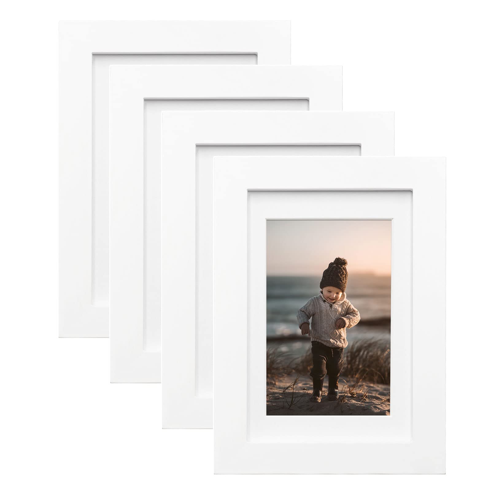 KINLINK 4x6 Picture Frames White - Wood Frames with Acrylic Plexiglass for 3.5x5 with Mat or 4x6 without Mat, Tabletop and Wall 