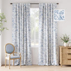 Jinchan 100% Blackout Floral Curtains 96 Inches Long, Printed Flower Blue Blackout Curtains For Bedroom Rod Pocket Back Tab Full Blackout Curtains Thermal Insulated Window Drapes, 2 Panels Blue
