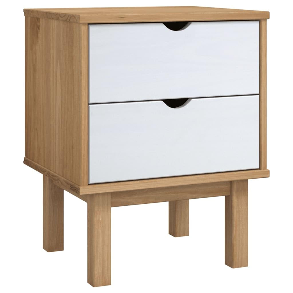 vidaXL OTTA Bedside Cabinet in Brown & White - Two-Drawer Solid Pinewood Nightstand/Side Cabinet - Scandinavian Design, Easy Ass