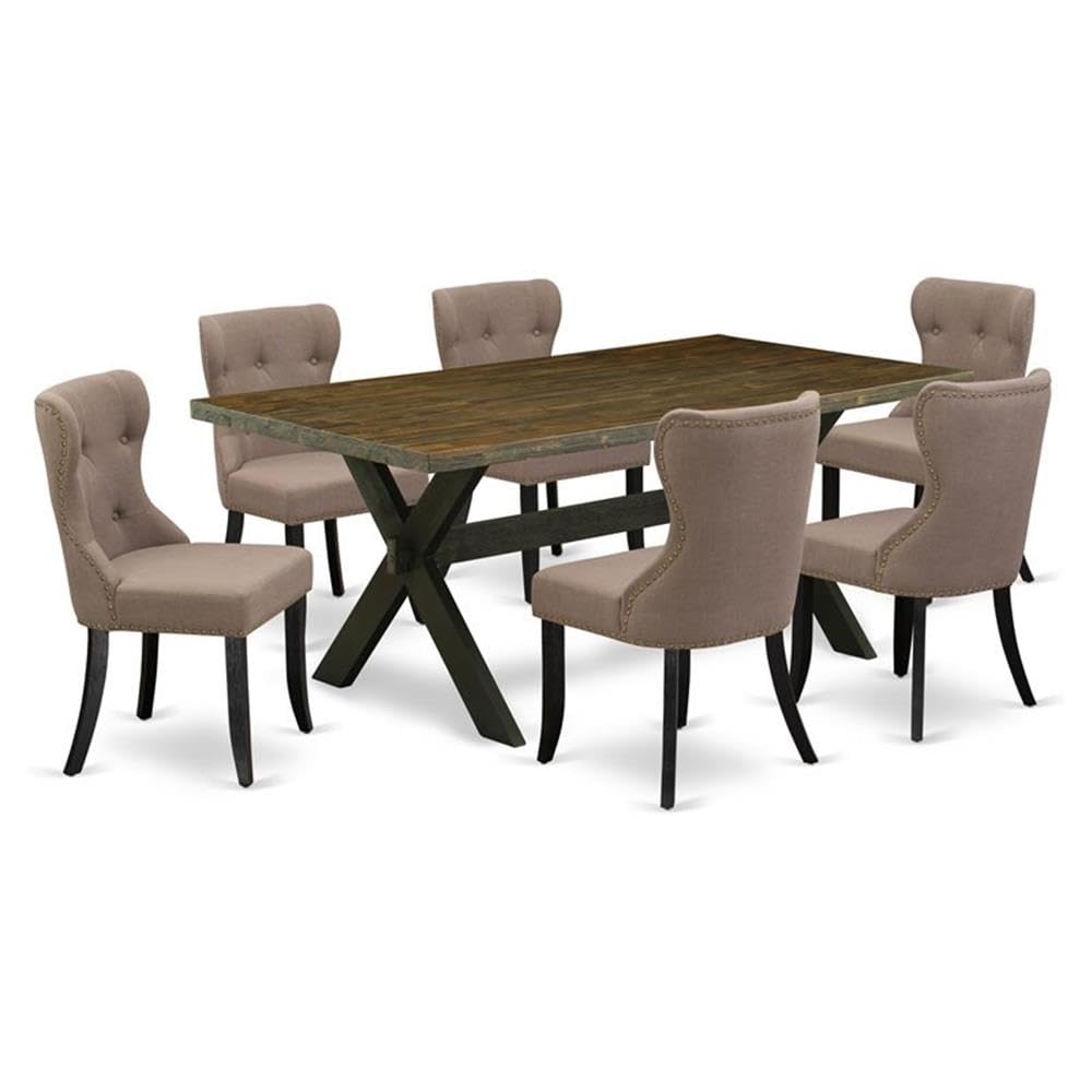 East West Furniture X677Si648-7 7 Piece Dining Set Consist Of A Rectangle Dining Room Table With X-Legs And 6 Coffee Linen Fabric Upholstered Parson Chairs, 40X72 Inch, Multi-Color