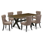 East West Furniture X677Si648-7 7 Piece Dining Set Consist Of A Rectangle Dining Room Table With X-Legs And 6 Coffee Linen Fabric Upholstered Parson Chairs, 40X72 Inch, Multi-Color