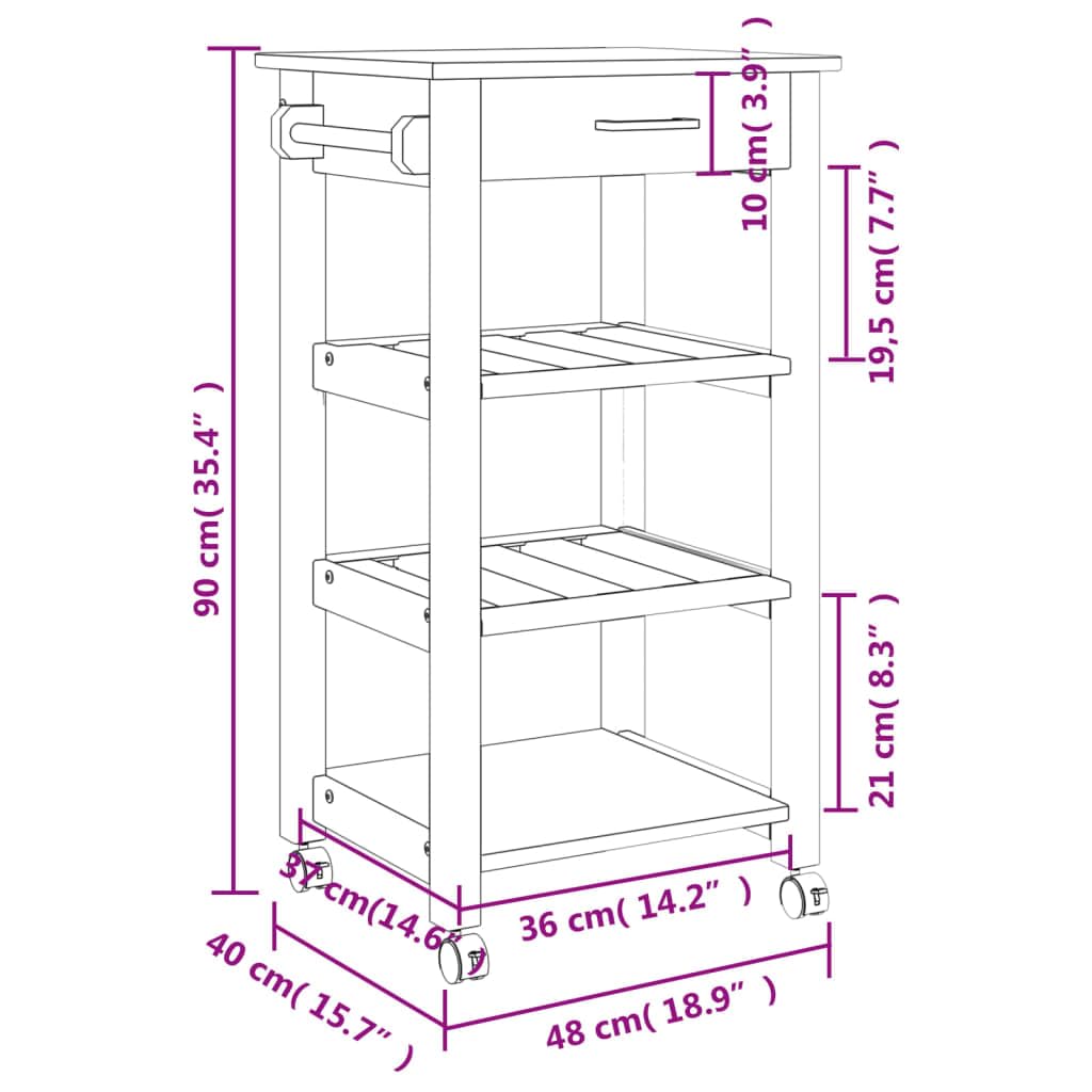 vidaXL Solid Wood Pine Kitchen Trolley Cart - Rolling Utility Organizer with Drawers, Shelves, and Wheels, Gray/Honey Wax, 18.9x15.7x35.4