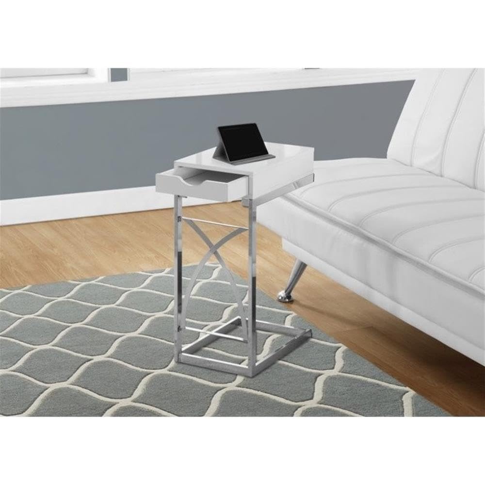 Monarch Specialties 3170, C-Shaped, End, Side, Snack, Storage, Living Room, Bedroom, Laminate, Glossy White, Contemporary Accent Table-Chrome Metal Drawer, 10.25&quot; L X 15.75&quot; W X 24.5&quot; H