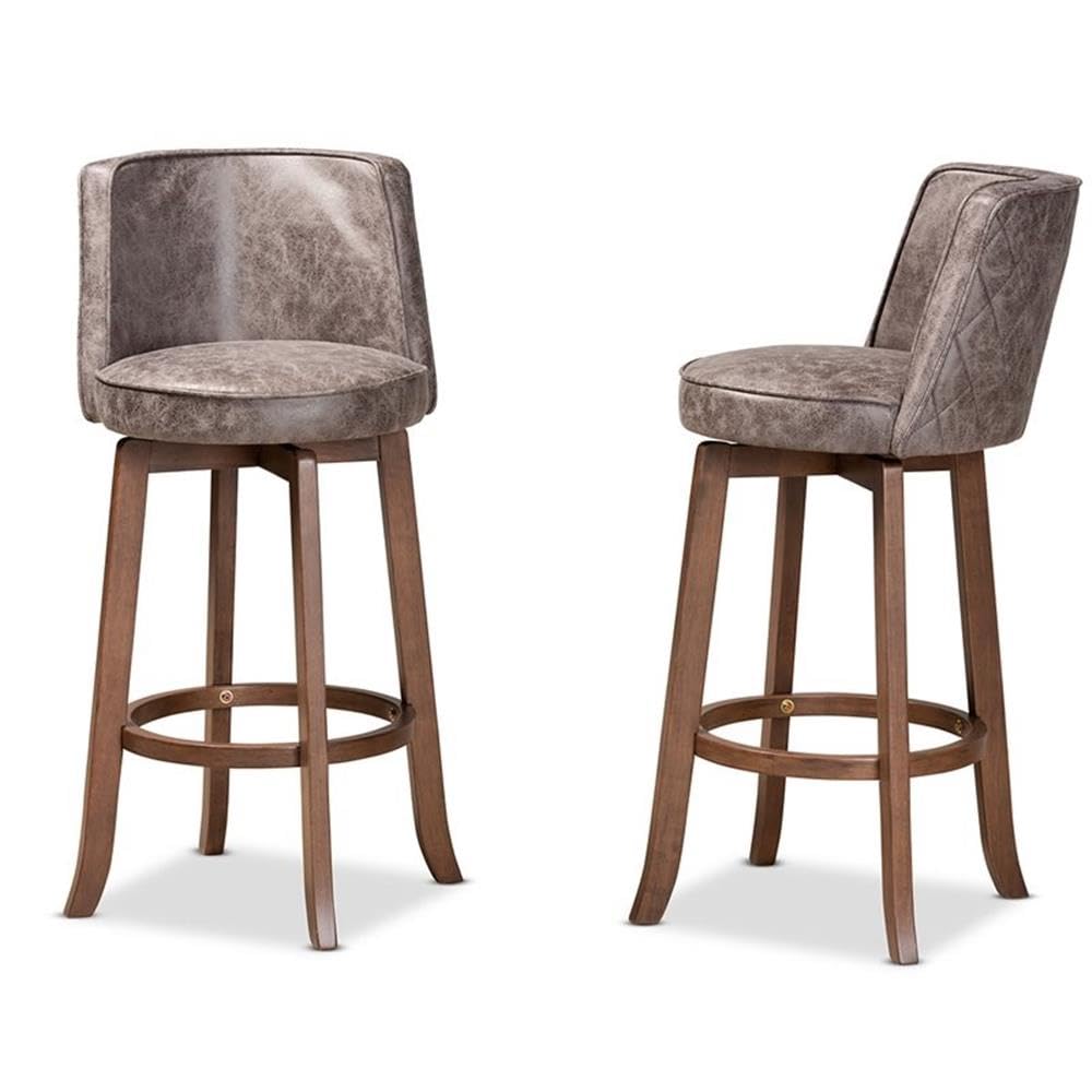 Baxton Studio Adams Modern Transitional Distressed Grey Fabric Upholstered and Walnut Brown Finished Wood 2-Piece Bar Stool Set