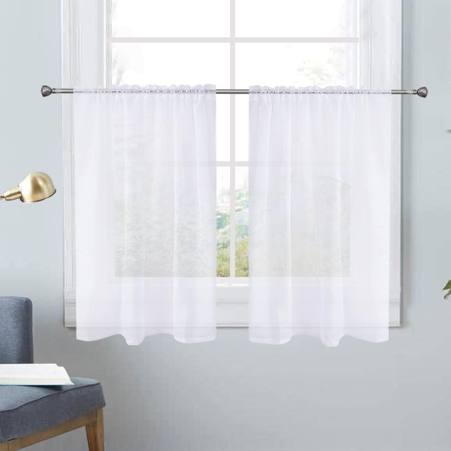 Spacedresser White Kitchen Sheer Valance Curtains 40 Inch, Voile Sheer Cafe Curtains For Bathroom Farmhouse Country Light Filter