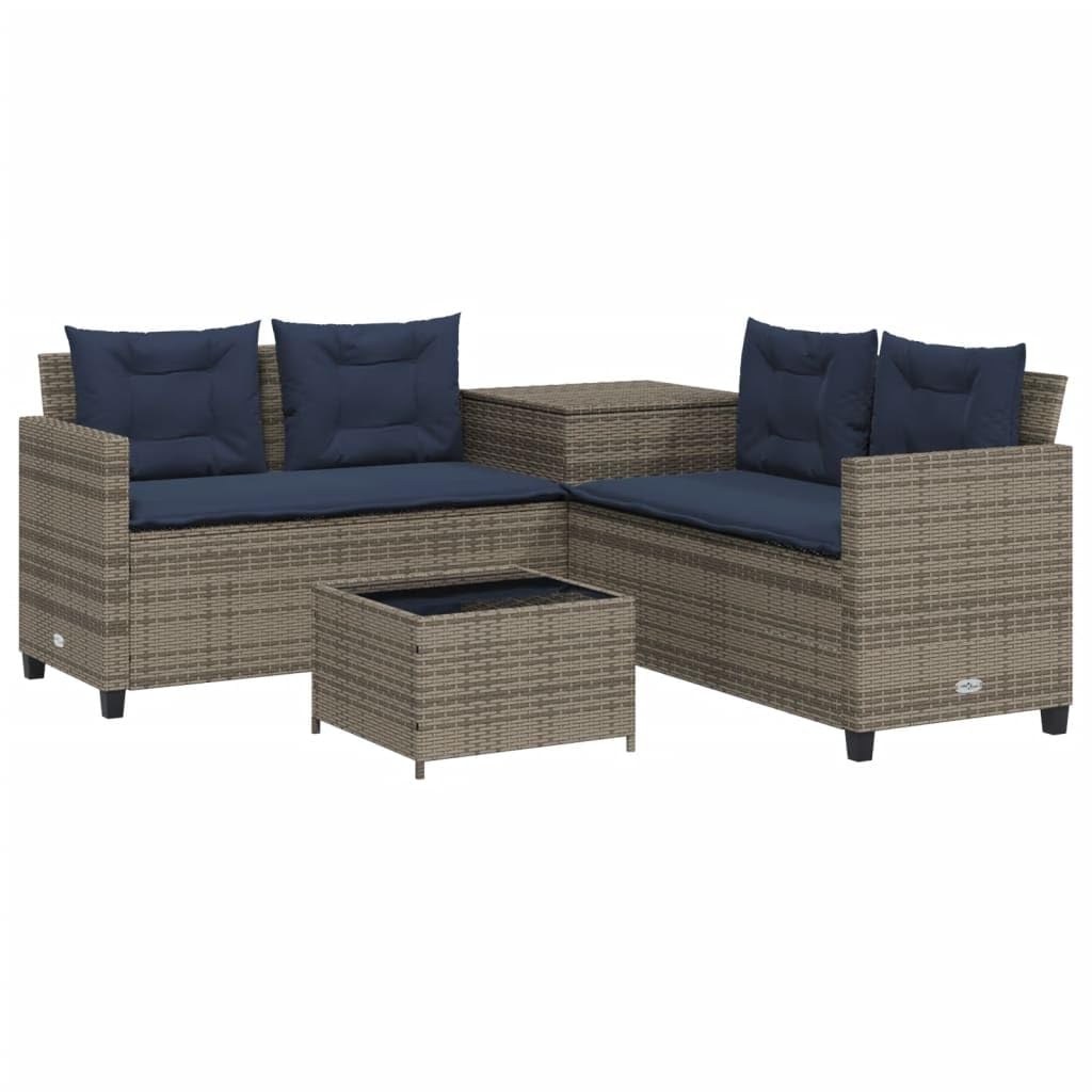 vidaXL Gray Poly Rattan Patio Sofa Set with L-Shaped Seating, Tempered Glass Table, Cushions, and Storage Bag - Perfect for Garden/Patio/Terrace