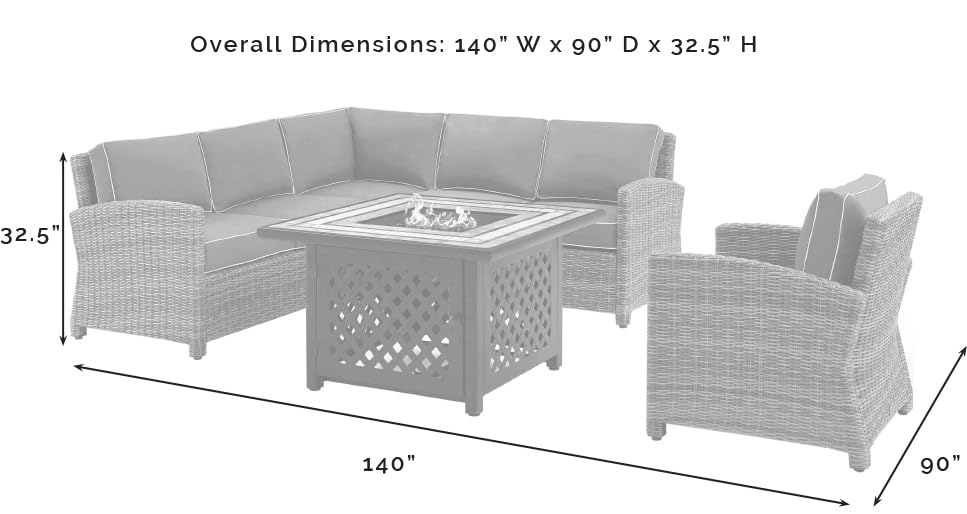 Crosley Furniture Bradenton 5-Piece Wicker Outdoor Sectional Sofa Patio Furniture Set with Fire Pit Table, Brown with Sangria Cushions