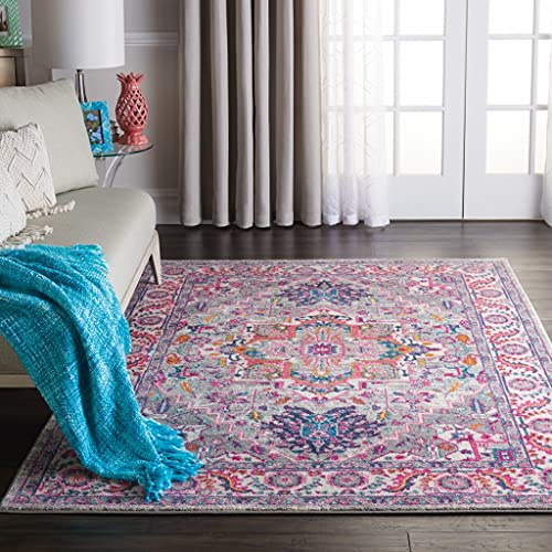 HomeRoots Light Grey/Pink 100% Polypropylene 5’ x 7’ Light Gray and Pink Medallion Area Rug