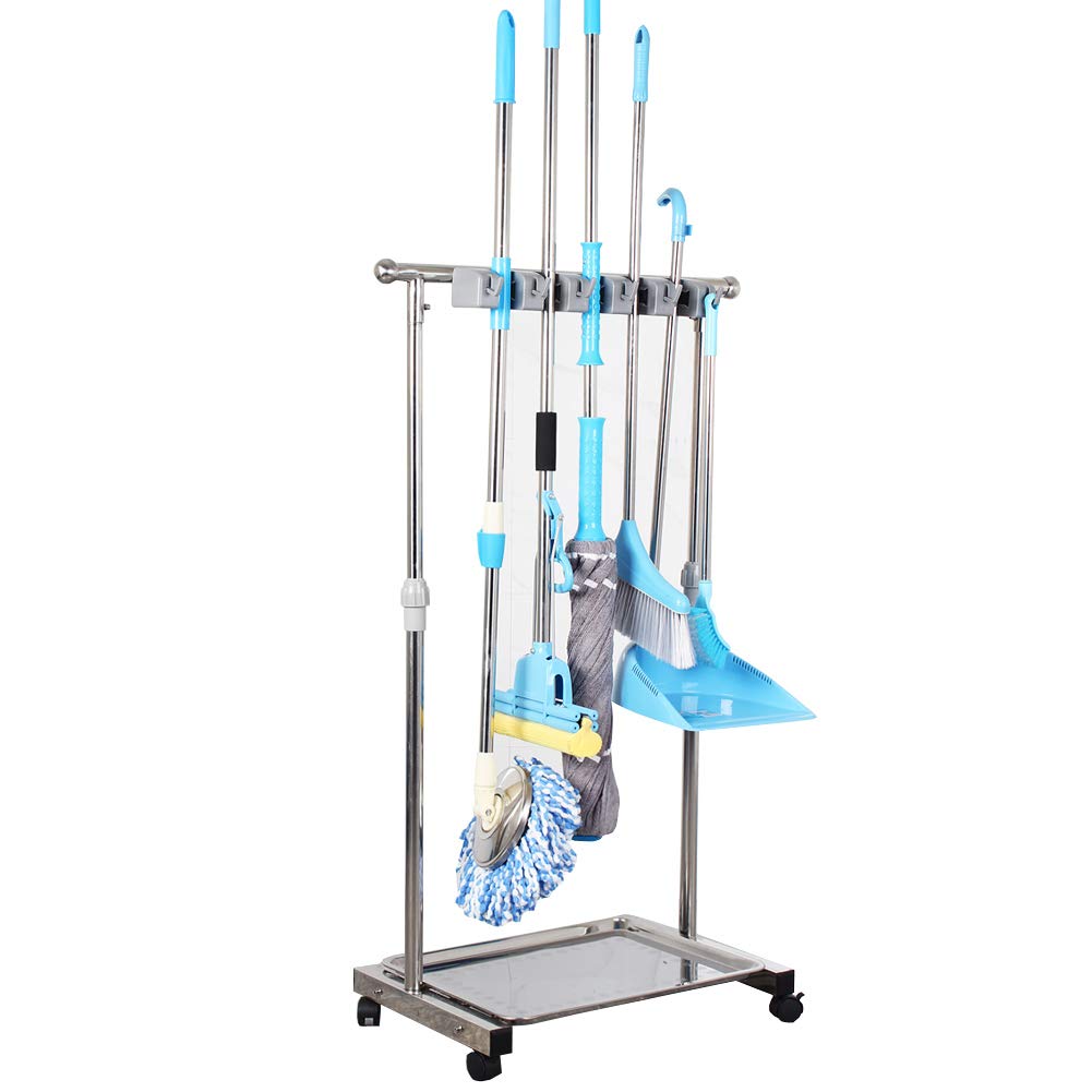 Qtjh Movable Mop Broom Holder Put Wet Mops Floor Standing Cleaning Tool Rack Stainless For Schools, Hospitals, Factories, Hotels