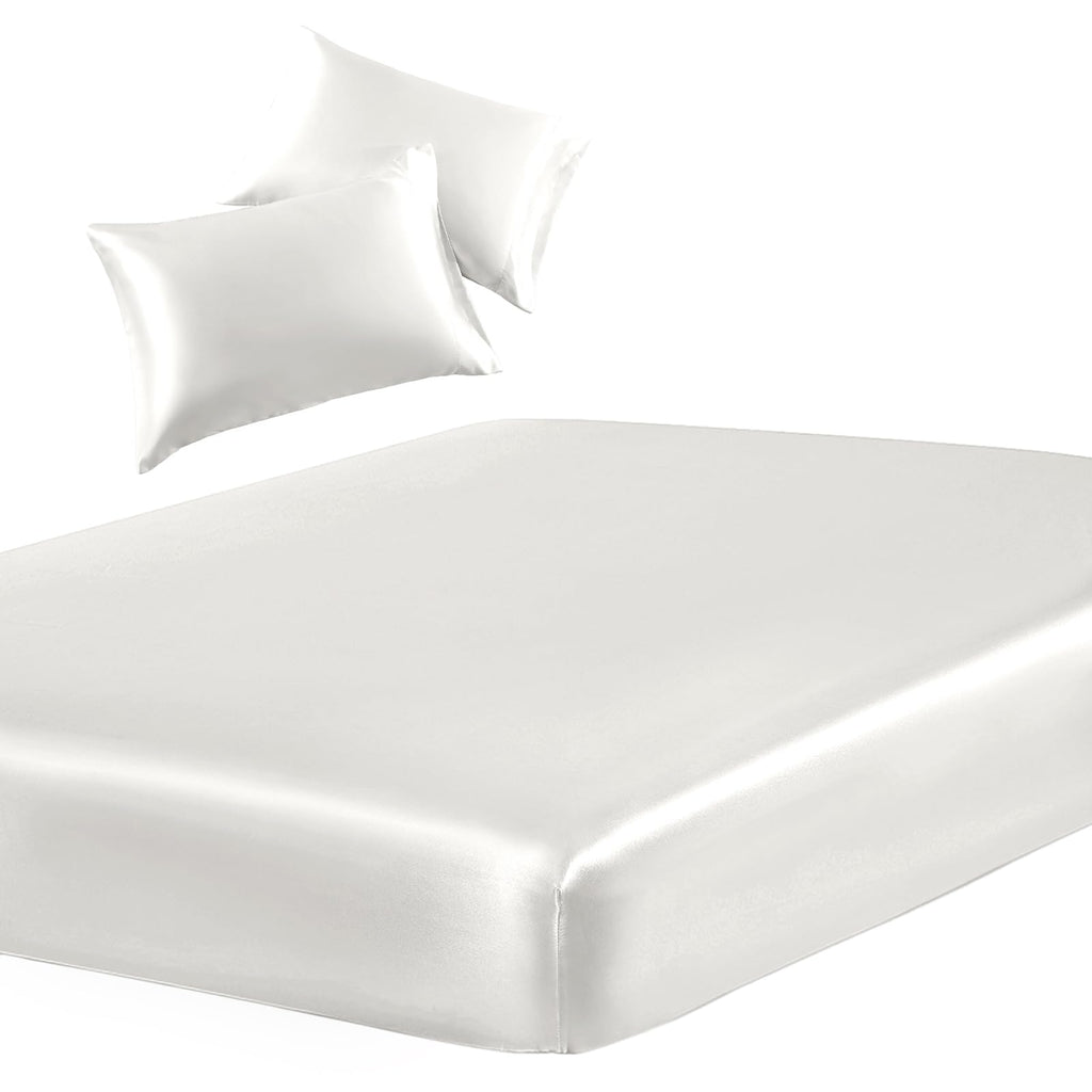 SiinvdaBZX 3-Piece Set Satin King Fitted Sheet & 2 Pillowcase, Ivory White Silky Soft Fitted Bottom Sheet, Wrinkle Free, Fade Re