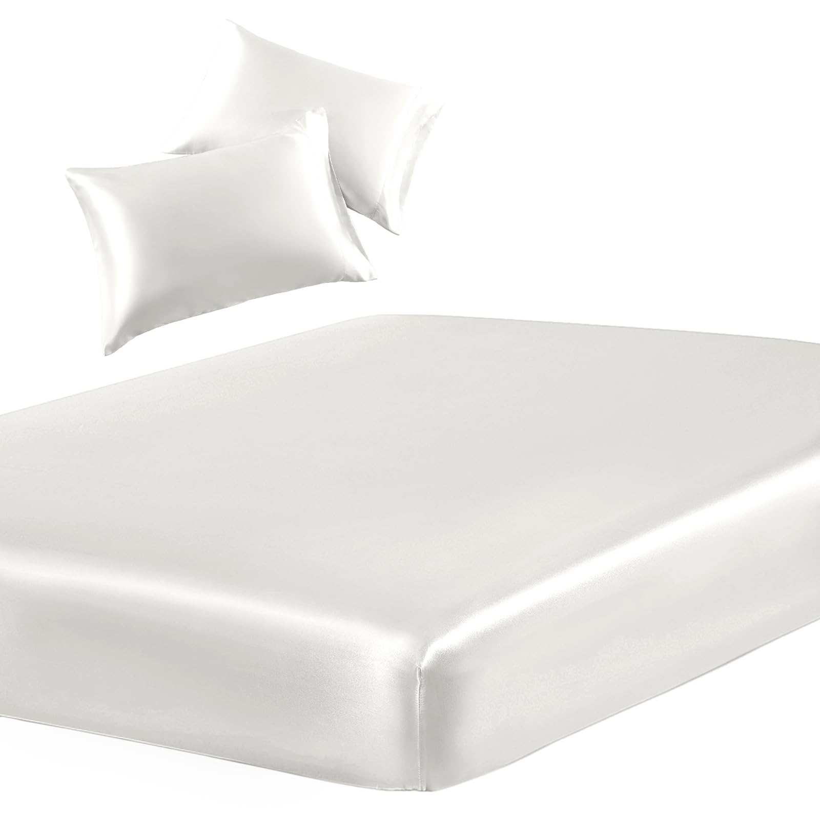 Siinvdabzx 3-Piece Set Satin Twin Fitted Sheet & 2 Pillowcase, Ivory White Silky Soft Fitted Bottom Sheet, Wrinkle Free, Fade Re