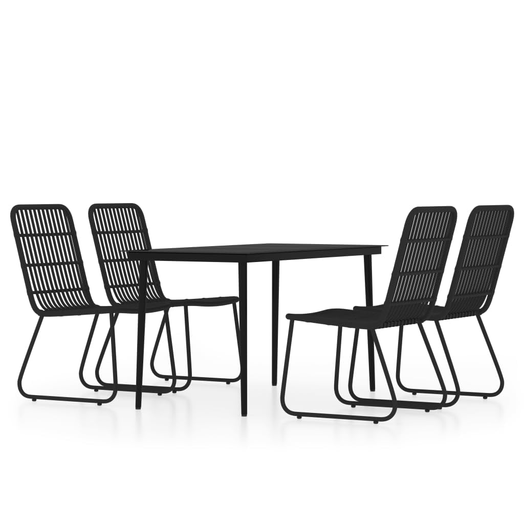vidaXL 5 Piece Patio Dining Set - Powder-Coated Steel Frame with Glass Tabletop and PE Rattan Chairs, Black