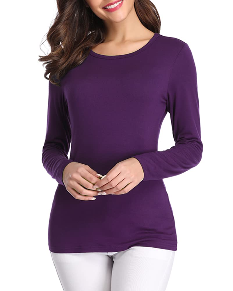 Fuinloth Womens Basic Long Sleeve T Shirts, Crewneck Slim Fit Spandex Tops, Plain Layer Underscrub Tees Purple Medium